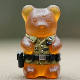 a gummy bear wearing full military uniform and gear, macro lens
