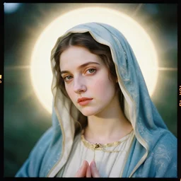 kodak portra 4 0 0, 8 k, soft light, volumetric lighting, highly detailed, britt marling style 3 / 4, portrait photo of the virgin mary, highly detailed face, inspired by ophelia paint, glowing halo, of light, realistic, refined, beautifully detailed, natural outdoor soft pastel lighting colors scheme, outdoor fine art photography, hyper realistic, photo realistic
