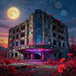 a beautiful detailed painting of urbex unfinished building cinema nature architecture building abandoned industrial architecture by vincent van gogh, flowers laser morning sun hyperrealism dramatic lighting at night sunset bladerunner 2 0 4 9 infrared neon noir darkacademia, archdaily, wallpaper, highly detailed, trending on artstation.