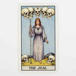 tarot card of several skulls and bones with a young woman wearing a long dress stuck in the middle