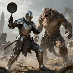 a knight fighting an ogre with a frying pan, serious, 4k, dnd