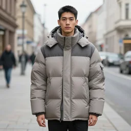 man in an oversized puffer jacket stood in a berlin street, looking directly into a fisheye lens, wearing big alien sunglasses,