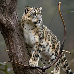 anthropomorphic!!!!! snow leopard leaning against a tree with a bow, trending on artstation, fantasy, hyperrealistic, detailed, intricate, full of colour