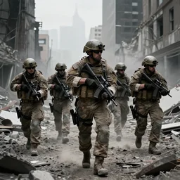 masterpiece Squad of American soldiers moving cautiously with their guns up through the ruins of New York City, intense, 8k, cinematic, art by Greg Rutkowski, ray tracing, desolate