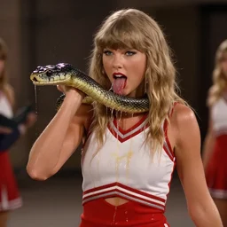 film still of taylor swift wearing a cheerleader outfit being swallowed by a snake, in the movie star wars. goo, saliva, sweat, oily substances.