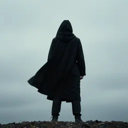 a man in a black cloak with no face rising to the sky, full body