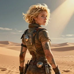 science fiction, 3 / 4 back view, stocky tattooed awkward flustered brilliant anxious muscular blonde butch tomboy woman engineer with short heroic blonde hair, punk patched flight suit, set of dune, extremely detailed, cinematic lighting, illustration, digital art, crepuscular ray, trending on artstation, art by greg rutkowski, golden ratio