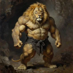 oversized muscular lion as barbarian ninja hunter human legs full body portrait pose , very textured detailed oil painting by rembrandt , hard backlight , in dark cave