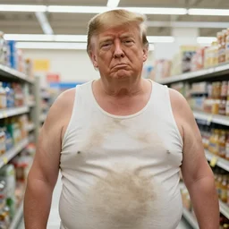 photo of pudgy trump wearing a dirty wifebeater tank top shopping at walmart