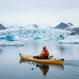 canoeing through a lake of glaciers in iceland