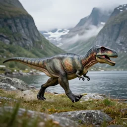 dinosaur running through the fjords of norway