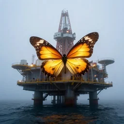 in the early morning fog, a large, glowing butterfly sits on an offshore oil platform, by craig mullins