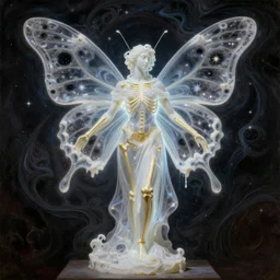 Beautiful full-body wax sculpture of a glowing transparent butterfly with a woman face in a glowing dress with visible gold bones covered with melted white wax inside the singularity where stars becoming baroque folds of dark matter by Michelangelo da Caravaggio, Nicola Samori, William Blake, Alex Grey and Beksinski, dramatic volumetric lighting, highly detailed oil painting, 8k, masterpiece
