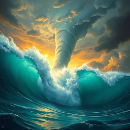 a sending down [ of the revelation ] from him who created the earth and the lofty heavens, water wave, tornado, overdetailed art, by greg rutkowski, by rhads, sharp focus