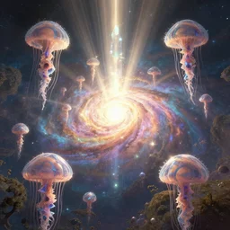 fractal core of the universe, vast math landscape, floating fractal jelly fish creatures, giant cristal structures in the sky, god rays, dynamic lighting, scene glow, by victo ngay and marc simonetti, artstation