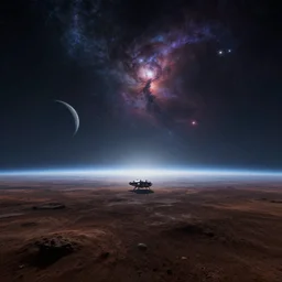 beautiful landscape of an alien planet with spectacular astronomical sky with a planet on the horizon, a lonely landed spaceship stands lost in the loneliness, octanrender, artstation