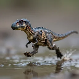 macro photo by national geographic of a tiny muddy dinosaur running fast on water, fast shutter speed, motion blur, tiny gaussian blur, insanely detailed, insanely intricate, depth of field, low contrast, wide aperture, action photography