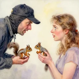 robber threatening lady with a squirrel, water color painting, pastelle colors, by roald dahl