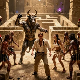 color cinematic still from a 2 0 1 9 action - adventure blockbuster directed by guillermo del toro. the minotaur and ancient greek warrior zombies are attacking and terrorizing indiana jones and lara croft deep inside the labyrinth in crete with deadly traps and evil magic curses.