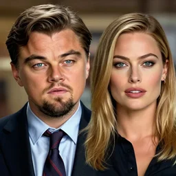 leonardo dicaprio as the wolf of wall street next to margot robbie as naomi from the wolf of wall street, hyper realistic faces, hyper realistic eyes, cinematic, long shot, hyper detailed, 8 5 mm photograph, 8 k resolution, film still, sharp lens, wide lens