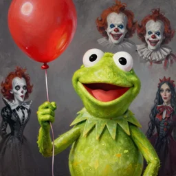 grunge painting of kermit the frog with a wide smile and a red balloon by chris leib, loony toons style, pennywise style, corpse bride style, horror theme, detailed, elegant, intricate