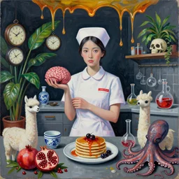 dark kitchen of an art student, portrait of a female nurse holding a brain, japanese pottery, clocks, tropical houseplants, skulls, honey dripping from ceiling, berries dripping juice, pancakes, pomegranate, berries, alpaca sculpture, octopus, scientific glassware, neo - expressionism, surrealism, acrylic and spray paint and oilstick on canvas