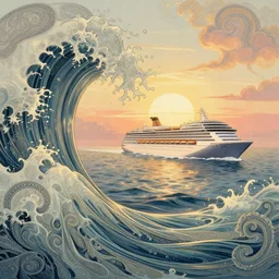 [ palate ] [ muted colors ] psychedelic ocean waves, cruise ship 🛳 on the ocean, paisley swirls and ripples, backlit, sunset, refracted lighting, outdoors, paisley clouds in the sky, elegant, 8 k resolution, intricate and fine details, digital painting, artstation, illustration, greg rutkowski, alphonse mucha