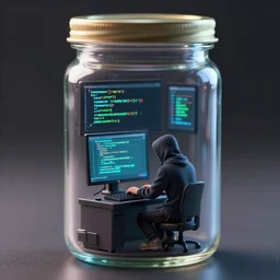 a tiny realistic proportioned computer hacker hacking code inside a glass jar. sharp focus, photography, unreal engine, trending on artstation, photorealistic, octane, trending on deviantart, unreal engine