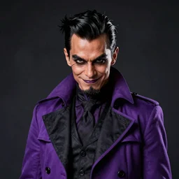 portrait, a slender ringmaster with tan skin, wearing purple and black ringmaster attire, well dressed purple ringleader trenchcoat, nefarious smirk, black hair, trickster, goatee, style by donato giancola, wayne reynolds, jeff easley dramatic light, high detail, cinematic lighting, artstation, dungeons and dragons