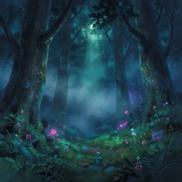 forest by night, by ghibli and atey ghailan, a neon graveyard, mist, fog