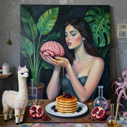 dark apartment of an art student, sensual portrait of a woman holding a brain, tropical houseplants, honey dripping, berries dripping juice, pancakes, pomegranate, berries, alpaca sculpture, octopus, scientific glassware, neo - expressionism, surrealism, acrylic and spray paint and oilstick on canvas