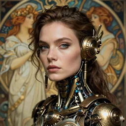 close - up portrait of a beautiful female steampunk android in the style of ex machina, karol bak, alphonse mucha, greg rutkowski,