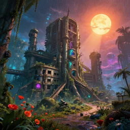 a beautiful photorealistic render of abandoned city unfinished building mine by neil blevins, extraterrestial matte painting san andreas steampunk neptune synthwave otherworldly poppy at dawn azeroth junglepunk thermal vision universe cosmic morning sun rainforest neon noir lightpaint, archdaily, wallpaper, highly detailed, trending on artstation.