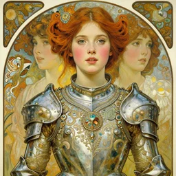 realistic detailed painting of a 1 6 - year old girl who resembles millie bobby brown and saoirse ronan, parted lips, glowing, blushing, as a fairy wearing intricate, detailed full - plate art nouveau style jeweled armor, by alphonse mucha, ayami kojima amano, charlie bowater, karol bak, greg hildebrandt