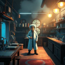 a wholesome animation key shot of mad scientist's lab by studio ghibli, animation, sharp, rendered in unreal engine 5, focused, anime key art by greg rutkowski, bloom, dramatic lighting