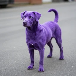 purple dog in street