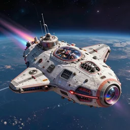 tiny spaceship!!, deep space exploration!!!, flying, the expanse tv series, industrial design, the final frontier, illustrative!!, punk, space pirate, painterly, hyperdetailed, hyperrealistic, utilitarian cargo ship, cinematic lighting, 4k, wide angle, beksinski, (neon colors)