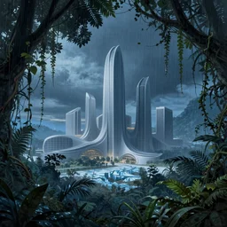 emissary city in a jungle with a soft blue hue uder glow to the leaves, rain falling, vines, by arthur haas by james gilleard and laurie greasley, textured, cinematic matte painting, zaha hadid building, photo realism, dark moody color palate, blue hour stars, desolate glacial landscape,