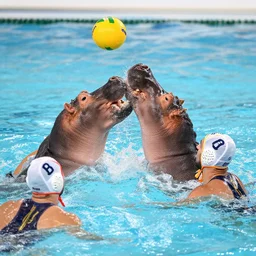 hippopotamuses playing water polo against athletes. sports photograph.