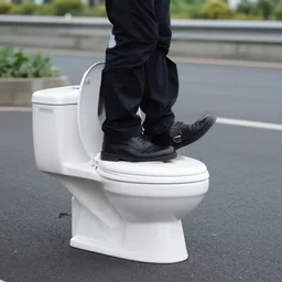 person riding a toilet in the freeway