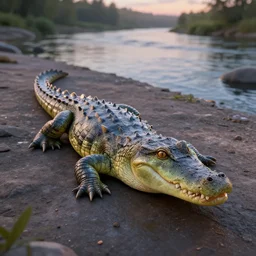 ice cream crocodile, 3 d model, unreal engine, highly detailed, on a riverbank, hyperealistic, octane render, concept art, artstation, dusk lighting, realistic shadows