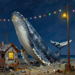 painting by dean cornwell, ilya repin, nc wyeth painting, ultra wide, vanishing point, 3 d perspective, stranded whale, beached life size gundam legs, award winning, up close, climbing, beaching, rust, midnight, junk town, lanterns, makeshift house, colorful lightbulb festoon lights, telephone pole