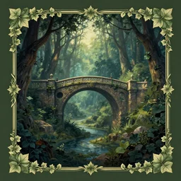 book cover!!!!!!!!!!!!, old bridge, ivy leaves graphic vectors at each border, fantasy forest landscape, fantasy magic, light night, intricate, elegant, sharp focus, illustration, highly detailed, digital painting, concept art, matte, art by wlop and artgerm and greg rutkowski, masterpiece