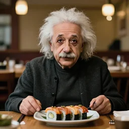 a portrait of albert einstein sitting at the dining table with a plate containing sushi in front of him, highly detailed, trending on artstation, bokeh, 9 0 mm, f / 1. 4