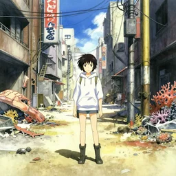 incredible anime movie scene, mamoru oshii, otomo, ultra wide, vanishing point, hoody woman explorer, watercolor, empty, prosthetics, trash, coral reef, billboards, harsh bloom lighting, rim light, abandoned city, paper texture, caustic shadows, deserted shinjuku junk town, bright sun ground, wires, telephone pole, pipes, yellow, red
