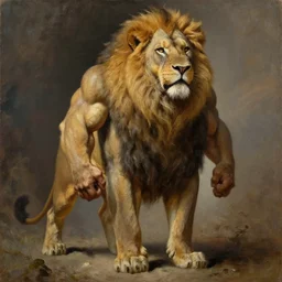 oversized muscular lion as barbarian hunter human legs full body portrait pose , very textured detailed oil painting by rembrandt