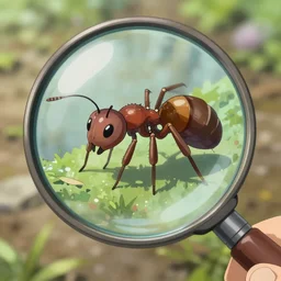 An ant through a magnifying glass, extra detailed, digital illustration, by Makoto Shinkai and thomas kinkade, digital painting, Matte painting, trending on artstation and unreal engine