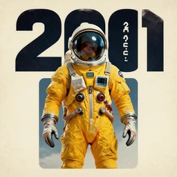 poster art, movie poster, retrofuturism, sci - fi, textured, paper texture, 2 0 0 1 : a space odyssey by edward valigursky, yellow space suit