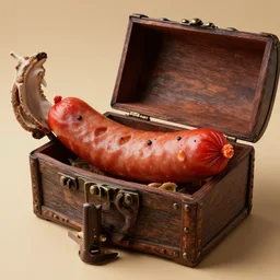 a photorealistic image of fruit shaped like a sausage in a wooden treasure chest, ahoy matey pirate, wide angle