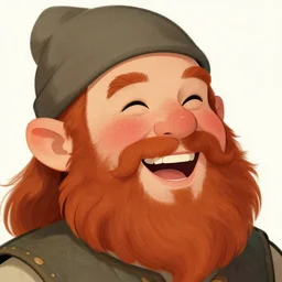 closeup portrait of a dwarven bard, happy, laughing, rosy cheeks, red beard, freckles, art by alphonse mucha